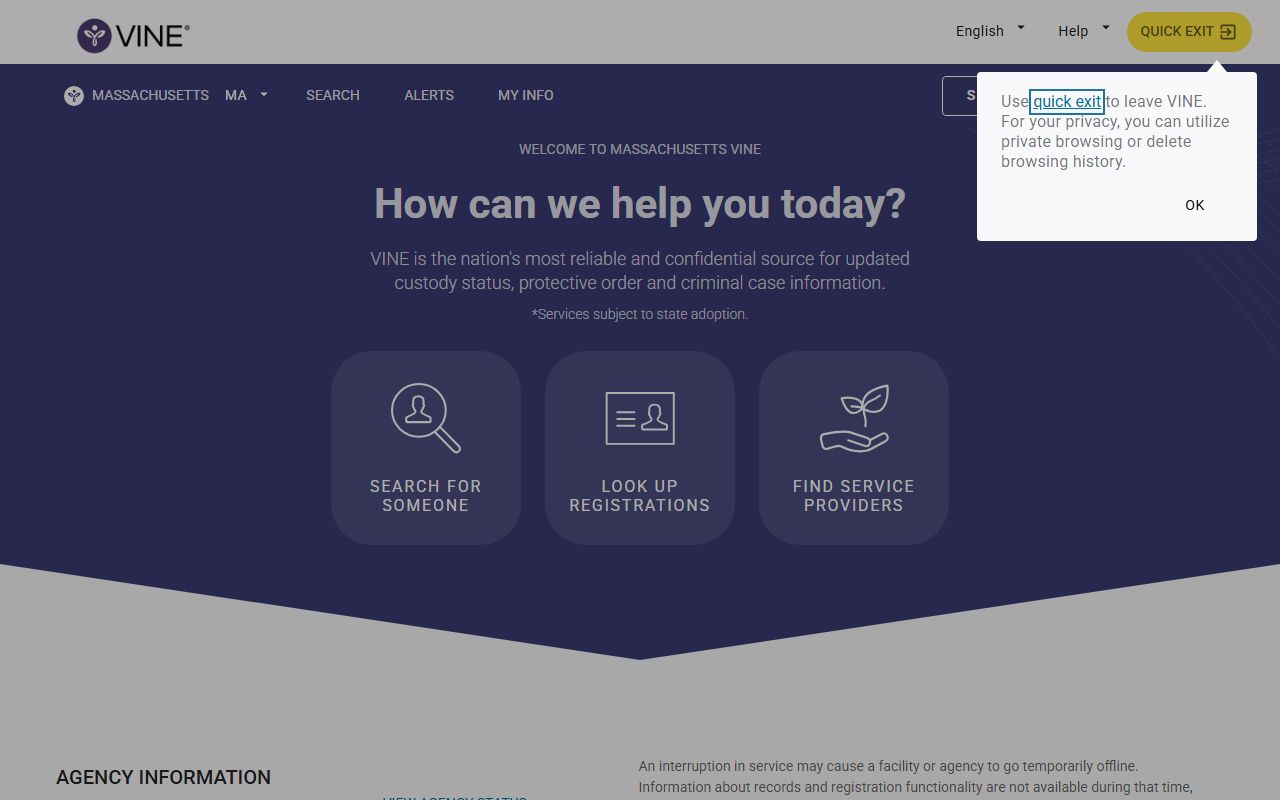 Massachusetts VINE portal for Suffolk County inmate custody notifications
