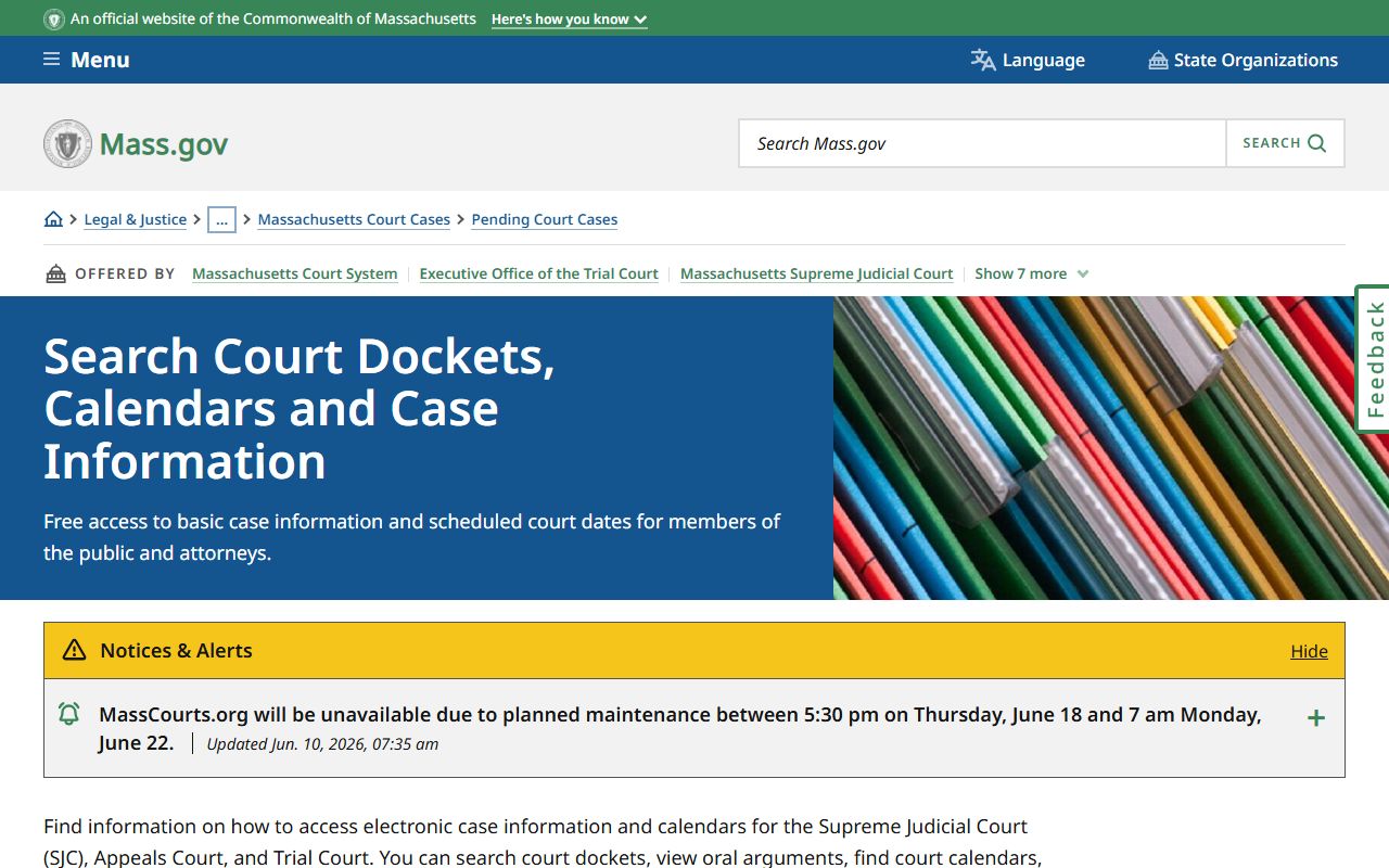 Mass.gov court docket gateway for Suffolk County court records after arrest