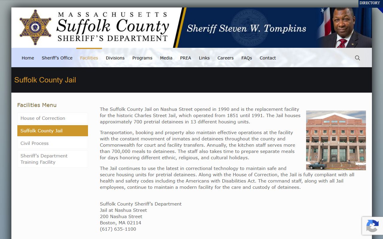 Official Suffolk County Jail at Nashua Street page screenshot