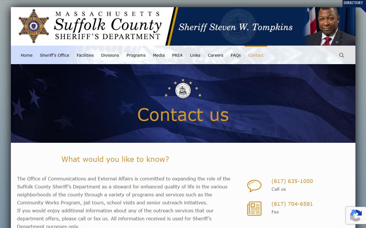 Suffolk County inmate records contact page screenshot