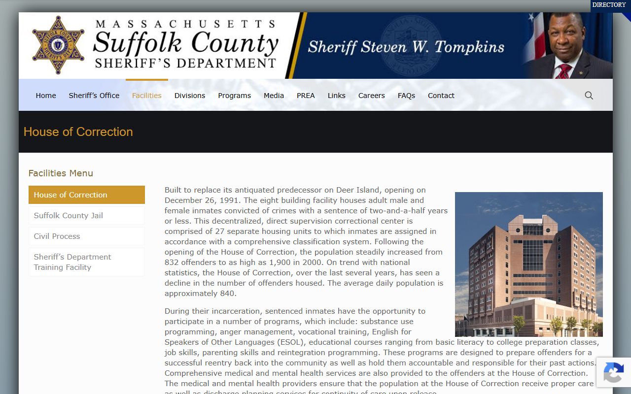 Official Suffolk County House of Correction page screenshot